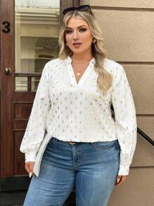 SHEIN Clasi Plus Size Women V-Neck Long Sleeve Polka Dot Foil Print Blouse, Autumn