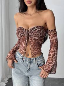 INAWLY 1pc Women Retro Leopard Print Flared Sleeve Blouse