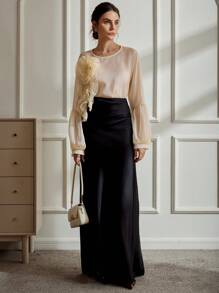 Aveloria Rosie 复古优雅透明纹理 3D 花卉超大女士衬衫节日派对服装可爱有趣的衬衫 - 黃色 - 查看 4