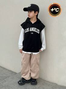 3 件套青少年男孩休闲韩版字母和图形印花连帽衫、无袖背心和宽松运动裤套装，适合学校、花园、海滩、生日、春季、夏季、秋季、冬季 - 彩色 - 查看 1