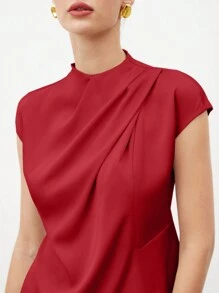 SHEIN BIZwear Women's Solid Color Stand Collar Pleated Sleeve Elegant Commuting Shirt - Red - View 4