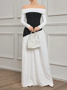 Modelyn Women Elegant Fit & Flare Knit Patchwork Dress For Formal Evening Party Long Evening Dresses - Black and White - View 4
