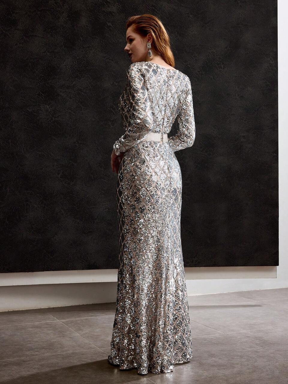 SEQUINS V-NECK MERMAID HEM MAXI DRESS, WOMEN OUTFIT
