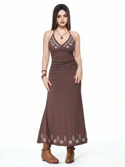 Hippie Women Hippie Vacation Halter Neck Fitted Embroidered Fish Tail Dress