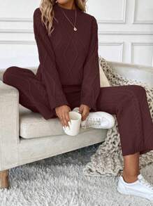 SHEIN LUNE 2pcs/Set Solid Color Stand Collar Long Sleeve Top And Pants Casual Sweater Set - Coffee Brown - View 6