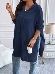 Calvaya 大码长款连帽针织衫，休闲时尚，适合日常穿着，秋冬季节也适用。 - 藏蓝色 - 查看 3