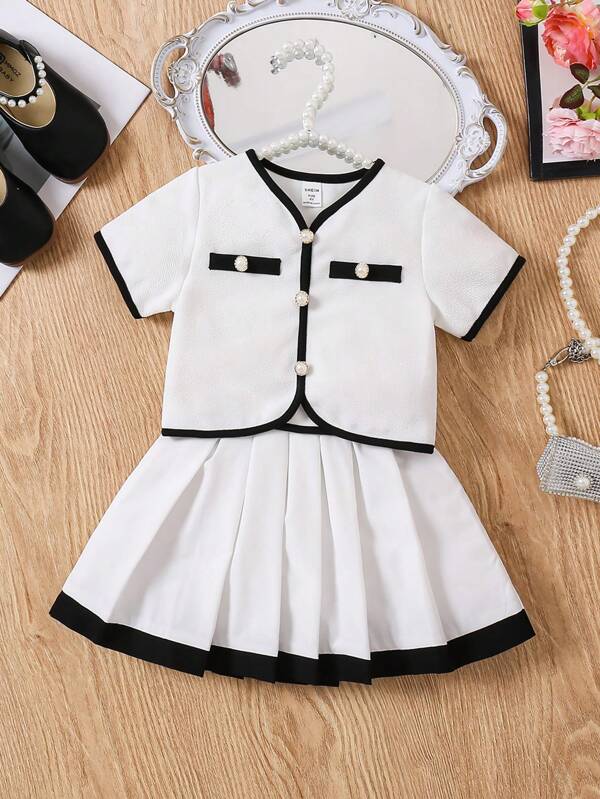 SHEIN Young Girl's Splice Ribbon Button Decor Short Sleeve Top And Pleated Mini Skirt Casual 2pcs Set