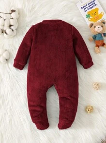 SHEIN 新生男婴可爱熊刺绣斜前法兰绒连体衣，秋冬 - 酒紅色 - 查看 3