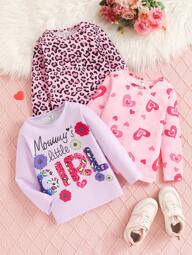 SHEIN 3pcs Young Girl Casual Heart & Leopard Print Letter Graphic T-Shirt For Autumn Chic Outfits For Autumn/Winter