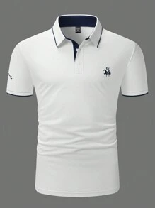 Manfinity Homme 大码男式刺绣拼色边饰休闲短袖 Polo 衫 - 白色 - 查看 4