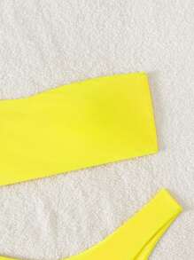 Swim Mod 夏季海滩纯色比基尼套装抹胸文胸和高腿剪裁下装 2 件套比基尼