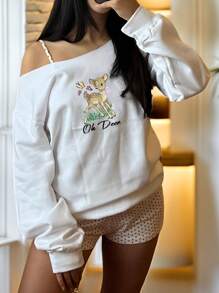 INAWLY 女士休闲不对称领口字母和鹿印花长袖卫衣，秋季，毕业季，教师节，返校季套头衫