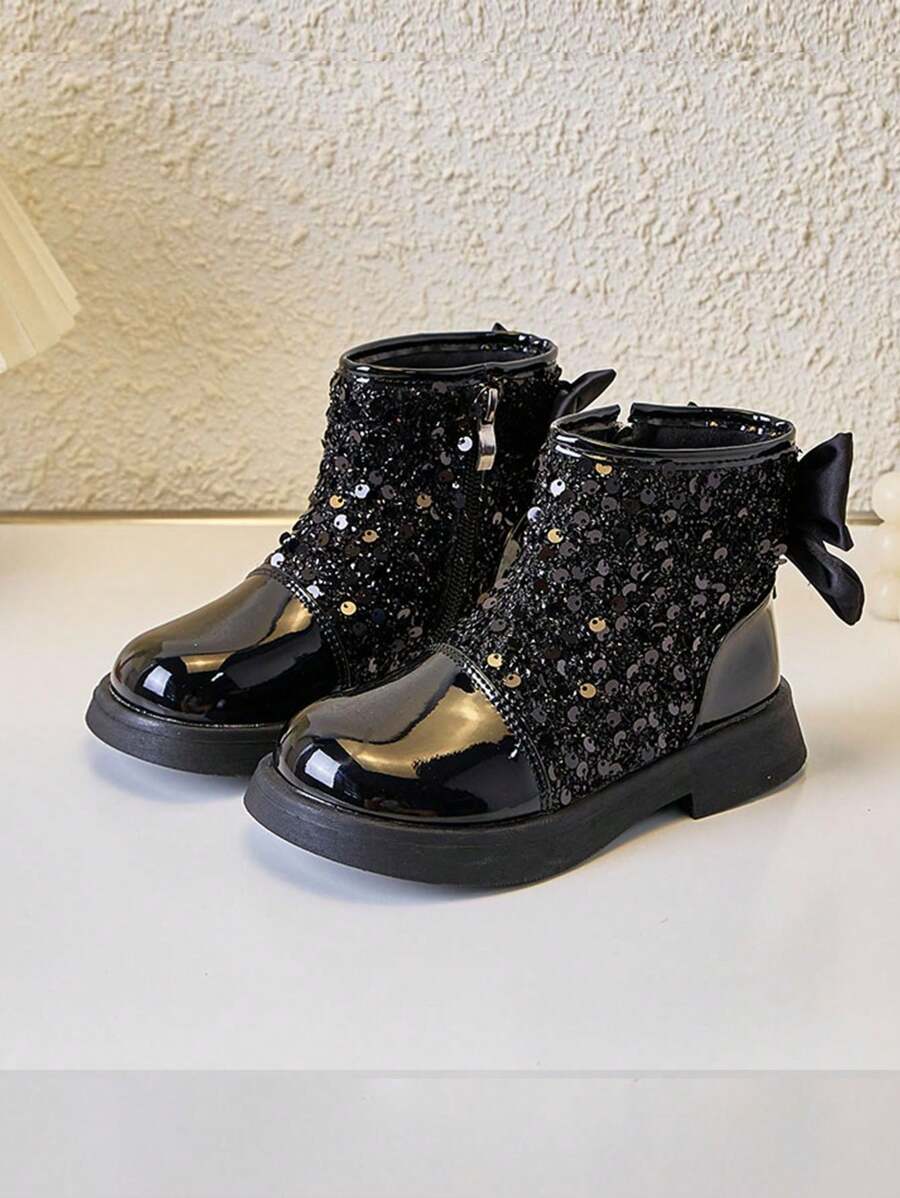 Sepatu bot ankle anak perempuan berhiaskan payet berkilauan dengan resleting samping, model baru musim gugur/musim dingin.