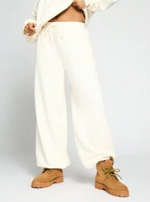 SUMWON WOMEN Cozy Fleece Wide Leg Jogger Pants With Drawstring Elastic Waist Athleisure Loungewear Casual Athletic Winter Fall Sweatpants - White - View 1