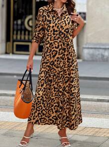 SHEIN LUNE Random Leopard Print Women Long Sleeve Single Button Down Long Shirt Dress, Autumn