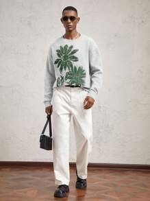 AKNOTIC Business Casual Men Loose Fit Dropped Shoulder Crew Neck Pullover Sweater, Casual Floral Intarsia Knitted Long Sleeve, Soft Fuzzy Fleece, Suitable For Autumn/Winter, Gray Color Blocking