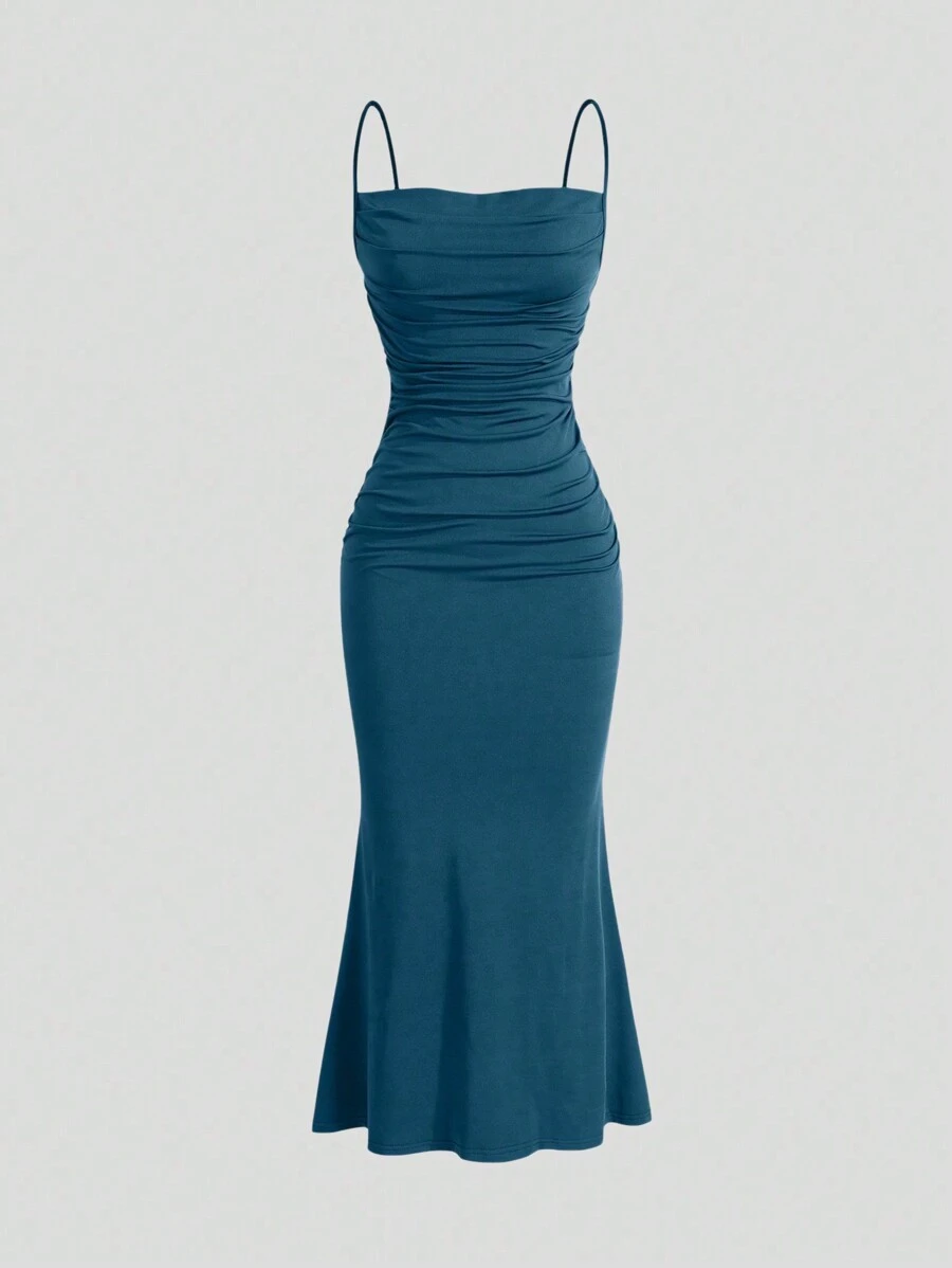 Sweetra Elegant Solid Color Fishtail Ruched Bodycon Slip Dress - Teal Blue - View 1