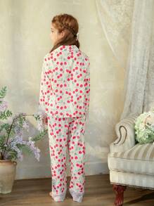 SHEIN 2pcs Tween Girls Elegant Lace Woven Print Long Sleeve Top And Long Pants Comfy Loungewear Set