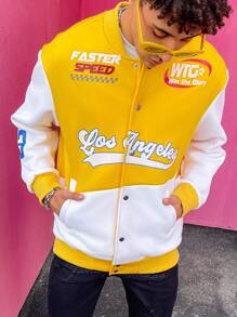 PAVTROS Manfinity Streetrush Men's Casual Contrast Color Patchwork Letter Print Jacket For Autumn/Winter, Going Out Graphic Baseball Long Sleeve Back To School Color Block Jacket, For Friends, Husband, Boyfriend Gifts - Multicolor - View 6