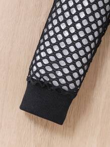 SHEIN Sparklyn Tween Girl Butterfly Print Contrast Fishnet Hoodie - Black - View 5