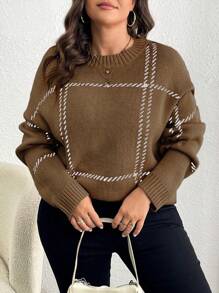 Elenzga Pull en tricot ample, élégant et décontracté à carreaux, automne/hiver, grande taille