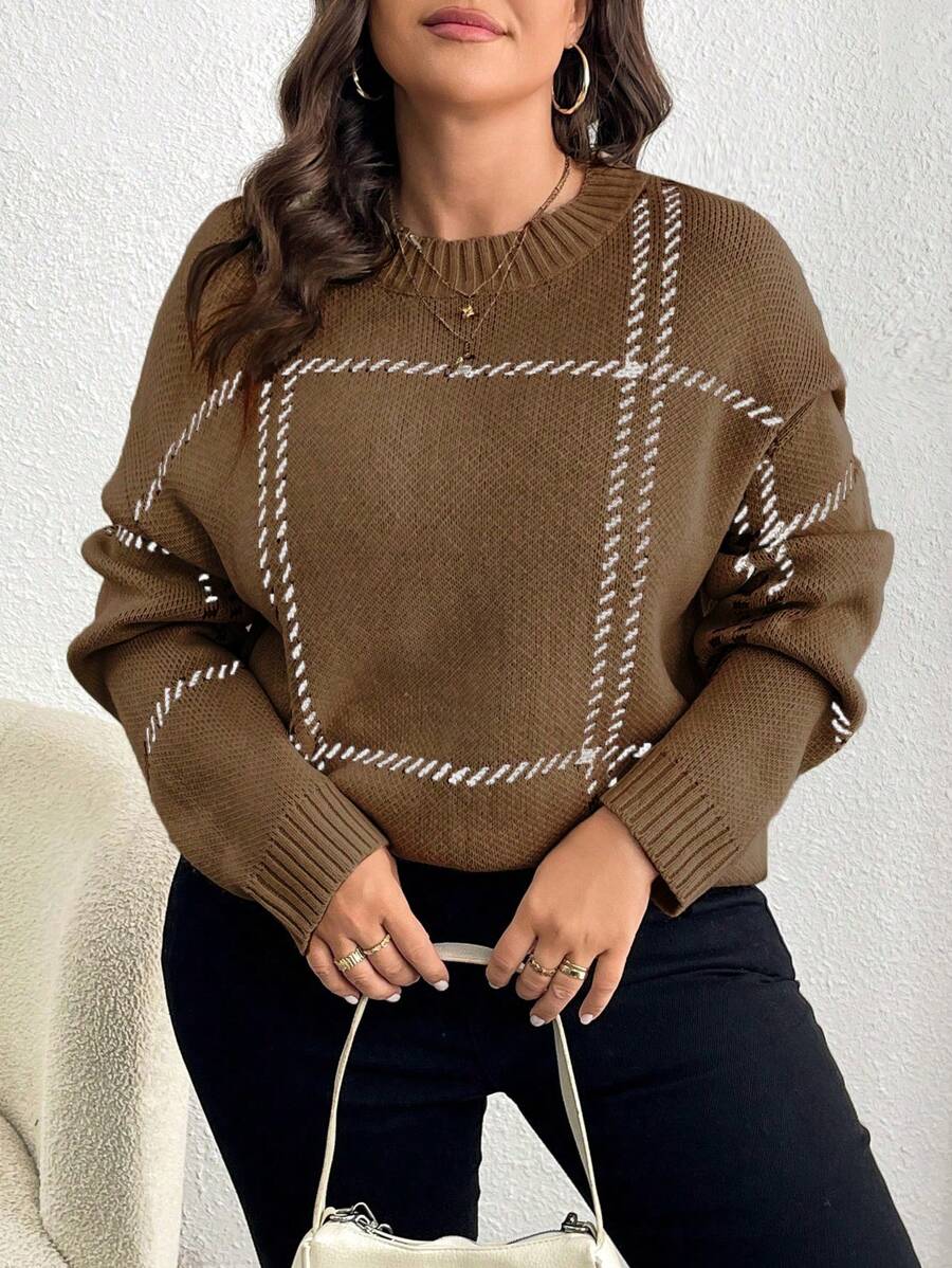 Elenzga Pull en tricot ample, élégant et décontracté à carreaux, automne/hiver, grande taille