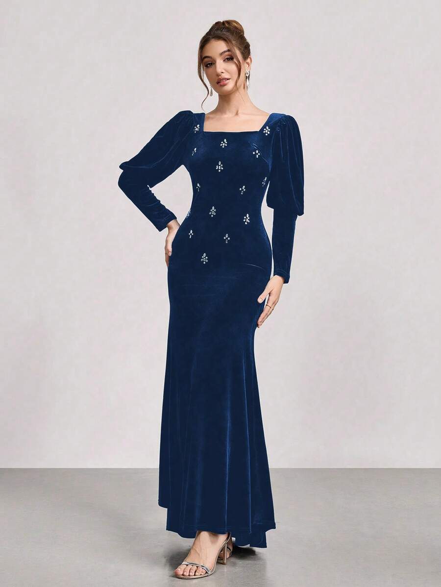 SHEIN Belle Đầm dạ hội đuôi cá dài tay nhung đính đá lấp lánh Giáng sinh màu đen, thời trang mới cho buổi biểu diễn sân khấu/tiệc cưới dáng ôm - Màu xanh hải quân - Xem 1