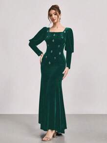SHEIN Belle Vestido de sirena de manga larga de terciopelo con strass, nuevo vestido de gala brillante, adecuado para el escenario, fiesta y banquete, estilizador - Verde Oscuro - Ver 1