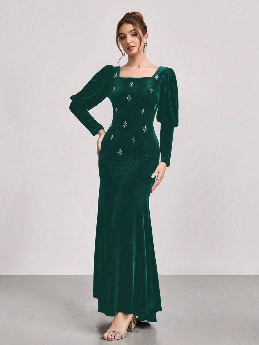 SHEIN Belle Vestido de sirena de manga larga de terciopelo con strass, nuevo vestido de gala brillante, adecuado para el escenario, fiesta y banquete, estilizador - Verde Oscuro - Ver 1