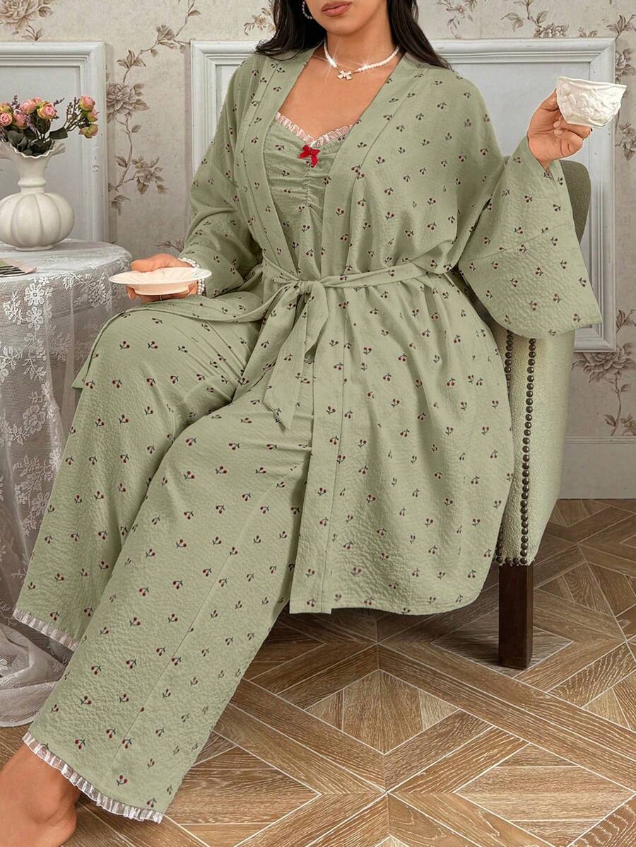 CottageSlumber Plus Size Cherry Print Spaghetti Strap Top & Pants & Robe 3pcs Loungewear Set, Cozy And Elegant Details, Clothes, Fall & Winter - Green - View 1