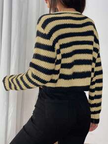 SHEIN PETITE Cárdigan de punto casual de uso diario con botones delanteros a rayas, para otoño/invierno