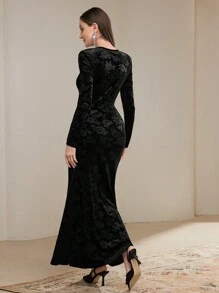 Modelyn Women Floral Jacquard Hollow Out Long Sleeve Elegant Slim Fit Dress Long Evening Dresses - Black - View 3