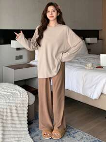 DAZY 1set Women Solid Color Round Neck Drop Shoulder Long Sleeve Top And Pants, Casual Loose Fit Sleepwear/Loungewear Set - Khaki - View 1
