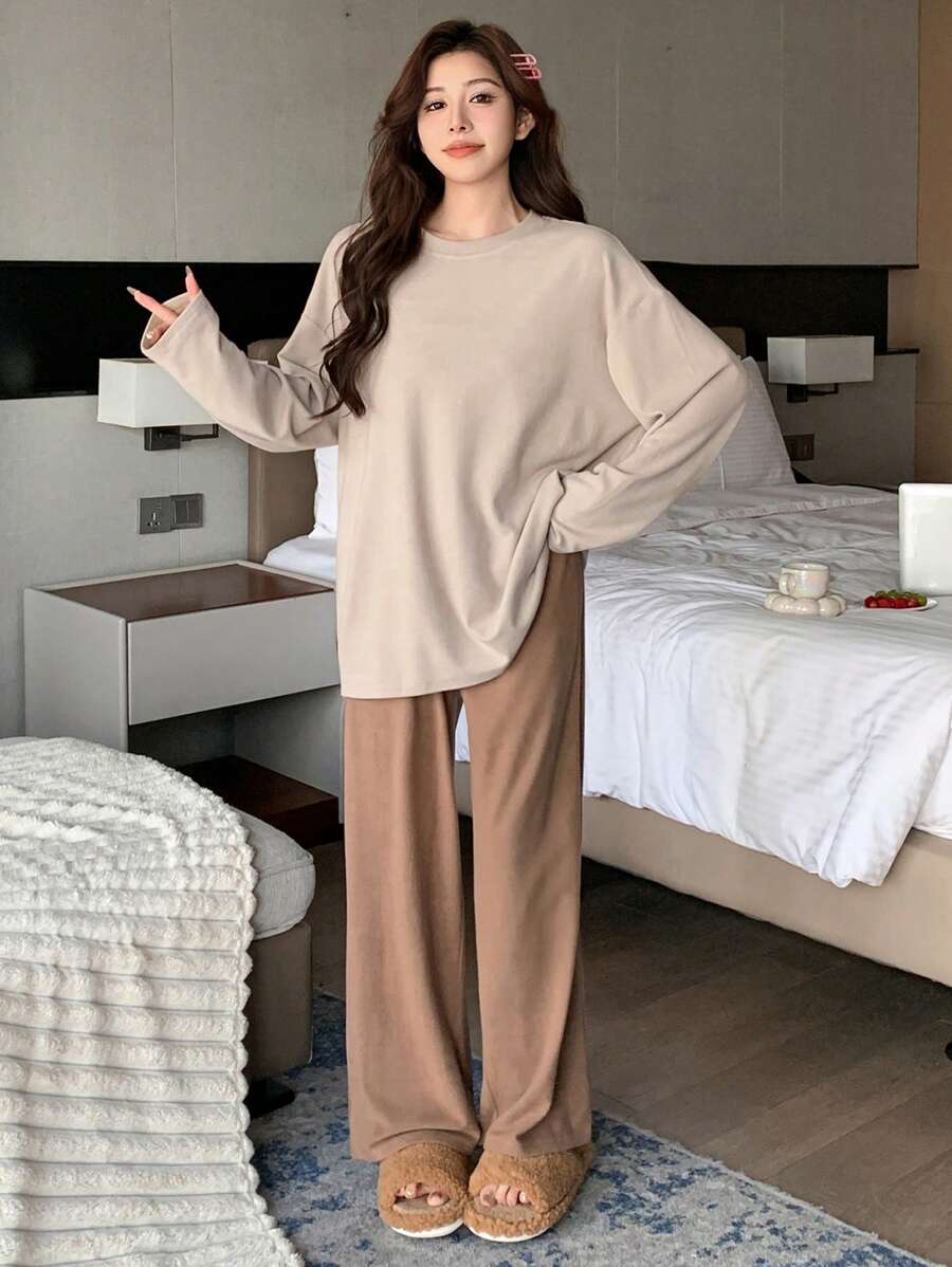 DAZY 1set Women Solid Color Round Neck Drop Shoulder Long Sleeve Top And Pants, Casual Loose Fit Sleepwear/Loungewear Set - Khaki - View 1