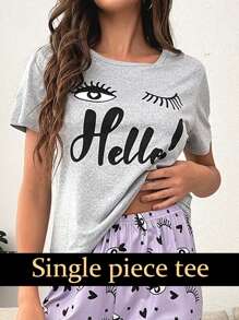 Eyelash & Letter Graphic Pajama Sleep Top - Light Grey - View 5