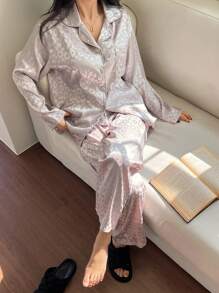 DAZY Satin Leopard Jacquard Loose Sleepwear Pajama Set, Fall Clothes