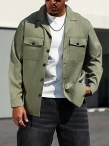 Manfinity Homme Plus Size Men Military Green Lapel Collar Thin Casual Going Out Shacket, For Friends, Husband, Boyfriend Gifts, Fall