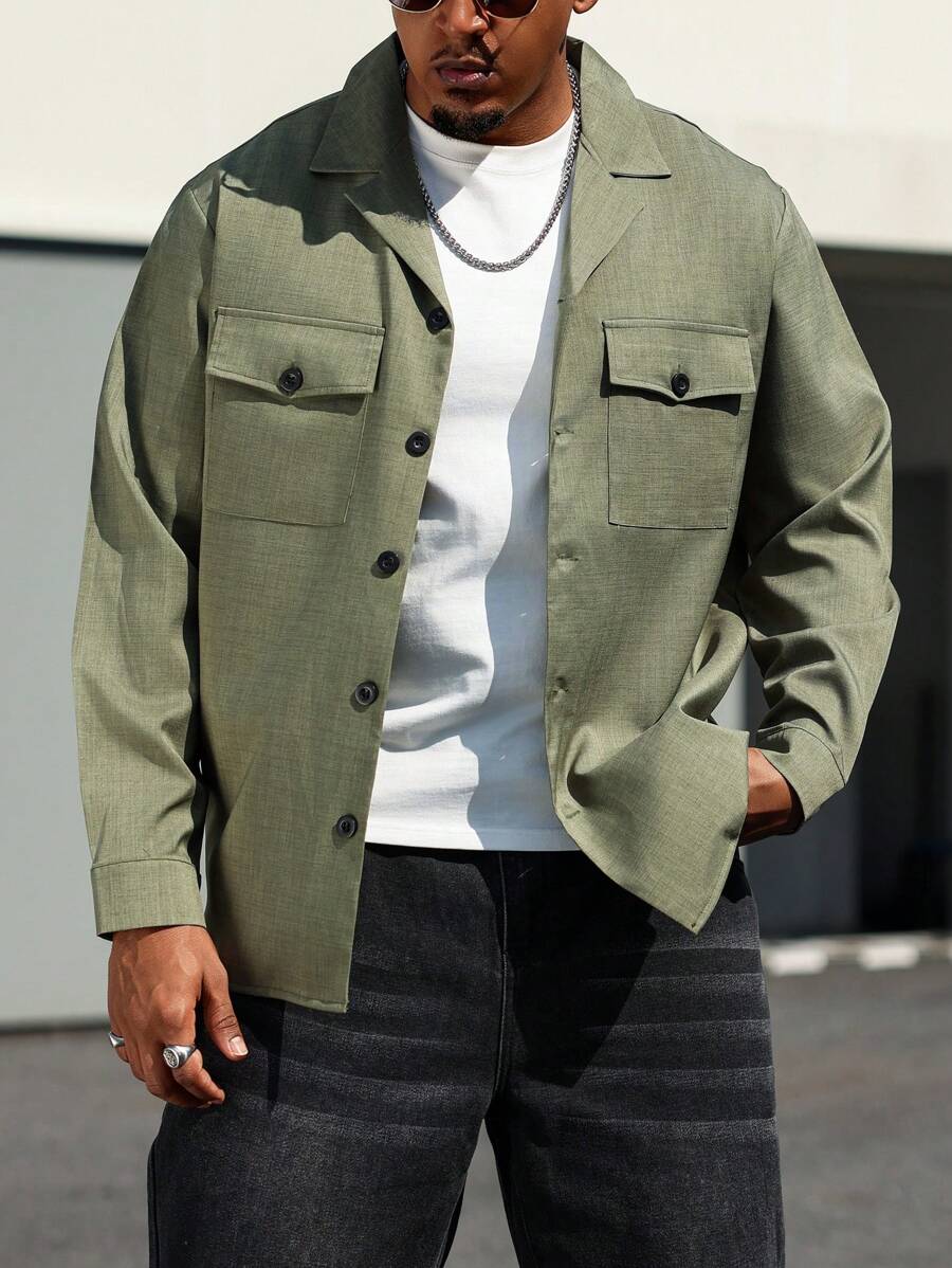 Manfinity Homme Plus Size Men Military Green Lapel Collar Thin Casual Going Out Shacket, For Friends, Husband, Boyfriend Gifts, Fall