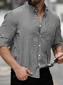 Manfinity Homme 大码男士格子印花前扣口袋长袖休闲商务正装衬衫，适合秋季外出穿着 - 黑與白 - 查看 7