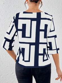 Chiquease 春夏休闲几何印花圆领衬衫 - 藏蓝色 - 查看 2