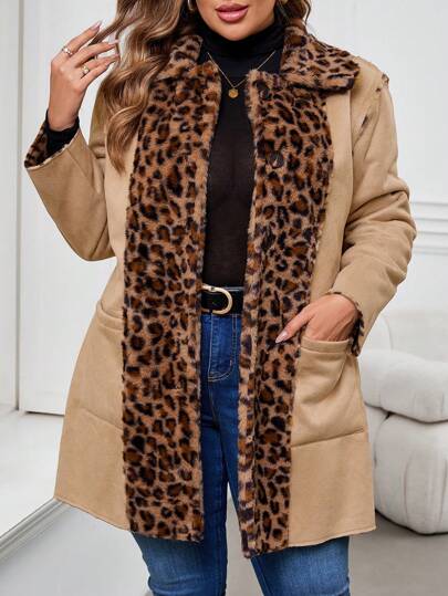 SHEIN Clasi Plus Size Elegant Reversible Fluffy Leopard Pattern Pocket Jacket