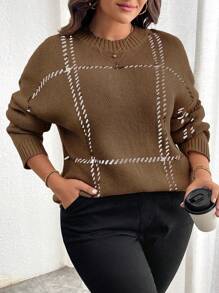 Elenzga Pull en tricot ample, élégant et décontracté à carreaux, automne/hiver, grande taille