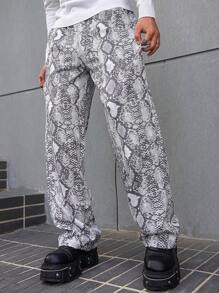 Manfinity EMRG Men's Snake Skin Print Pattern Elastic Waist Straight Leg Pants, Men's Street-Style INS Loose-Fit Long Pants, Y2k Baggy Going Out Slacks Pants, For Husband, Boyfriend Gifts - Multicolor - View 6