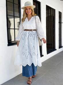 SHEIN LUNE Đầm Maxi Cổ Chữ V Thêu Lỗ Thông Thường Cho Nữ - trắng - Xem 3