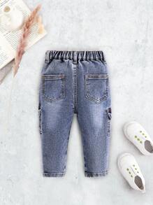 Cozy Pixies Baby Girl Solid Color Side Pocket Denim Cargo Jeans - Medium Wash - View 2