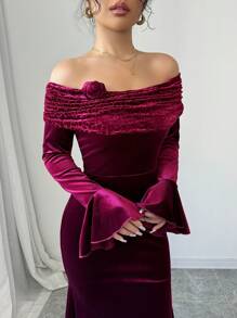 Modelyn 天鹅绒拼接修身连衣裙，女士新年服装长款晚礼服 - 紅色 - 查看 7