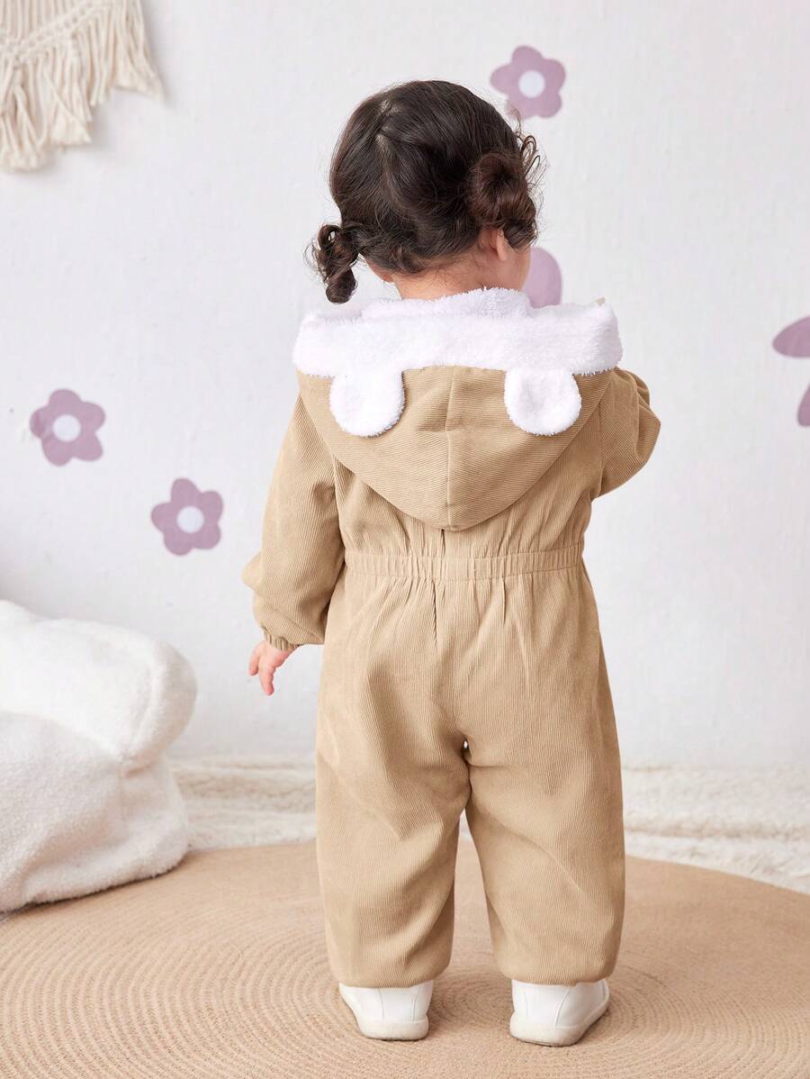 SHEIN Newborn Baby Girls Thermal Lined Hooded Jumpsuit, Contrast Color, Warm For Autumn/Winter