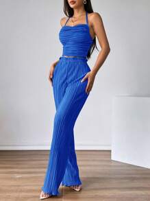 SHEIN Privé 2 件套女士吊带背心和松紧腰裤套装 - 寶藍色 - 查看 3