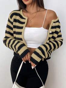 SHEIN PETITE Cárdigan de punto casual de uso diario con botones delanteros a rayas, para otoño/invierno