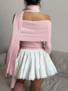 SHEIN Essnce 女式纯色露肩长袖修身毛衣（配围巾）适合秋冬季